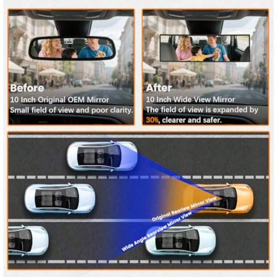 Rear View Mirror Anti-Panoramic Rear Mirrors Universal 10 Inch Convex Car Interior Clip On Big Wide Angle Rearview Mirror Extender To Reduce Blind Spot Car SUV