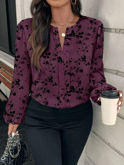 Reflora Plus Size Elegant Floral Print Blouse For Commuting Office Black Autumn Fall