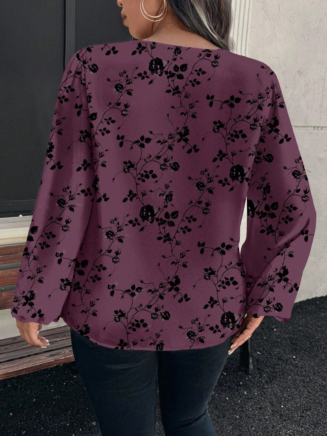 Reflora Plus Size Elegant Floral Print Blouse For Commuting Office Black Autumn Fall