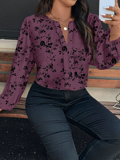 Reflora Plus Size Elegant Floral Print Blouse For Commuting Office Black Autumn Fall