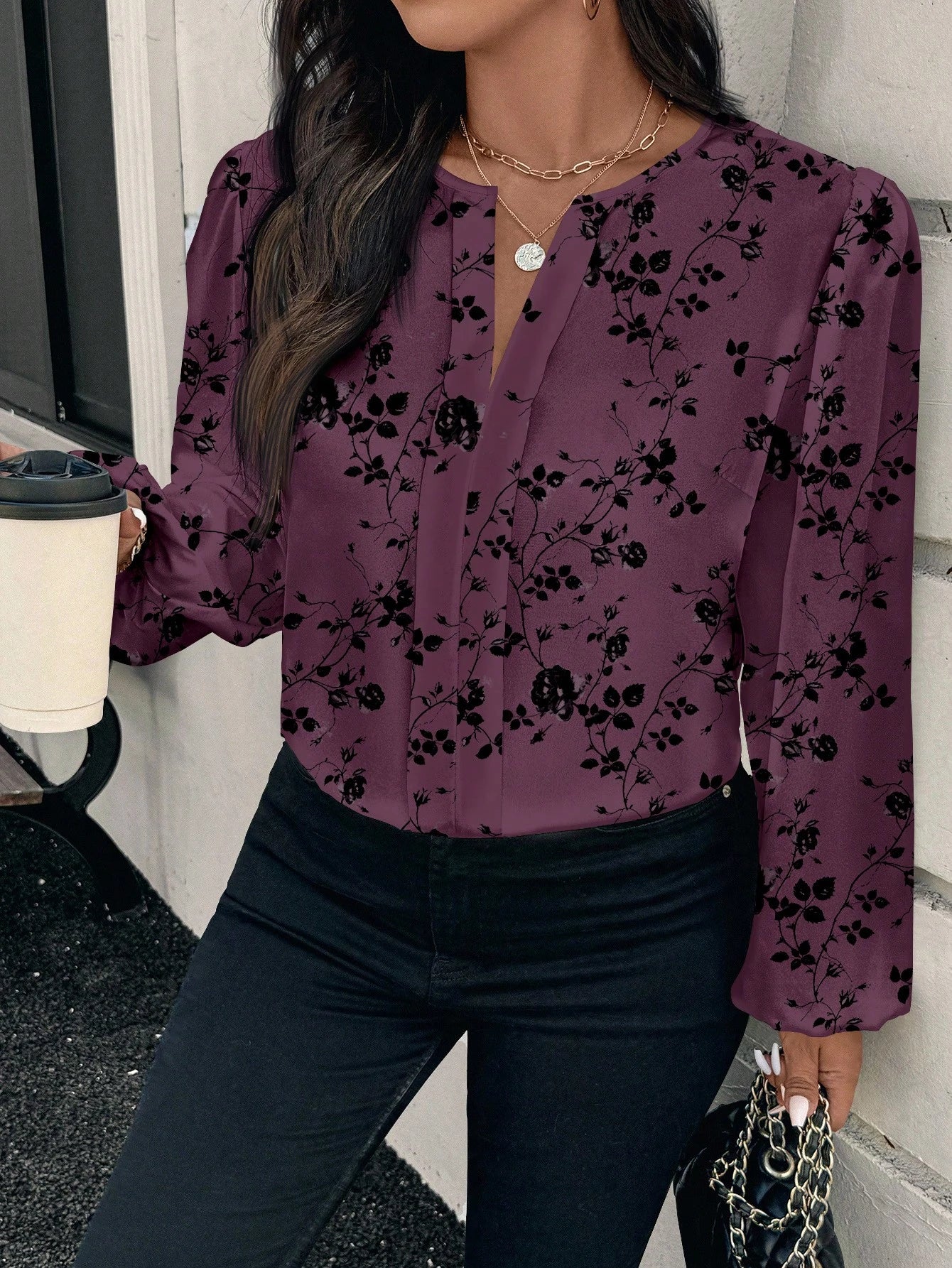Reflora Plus Size Elegant Floral Print Blouse For Commuting Office Black Autumn Fall