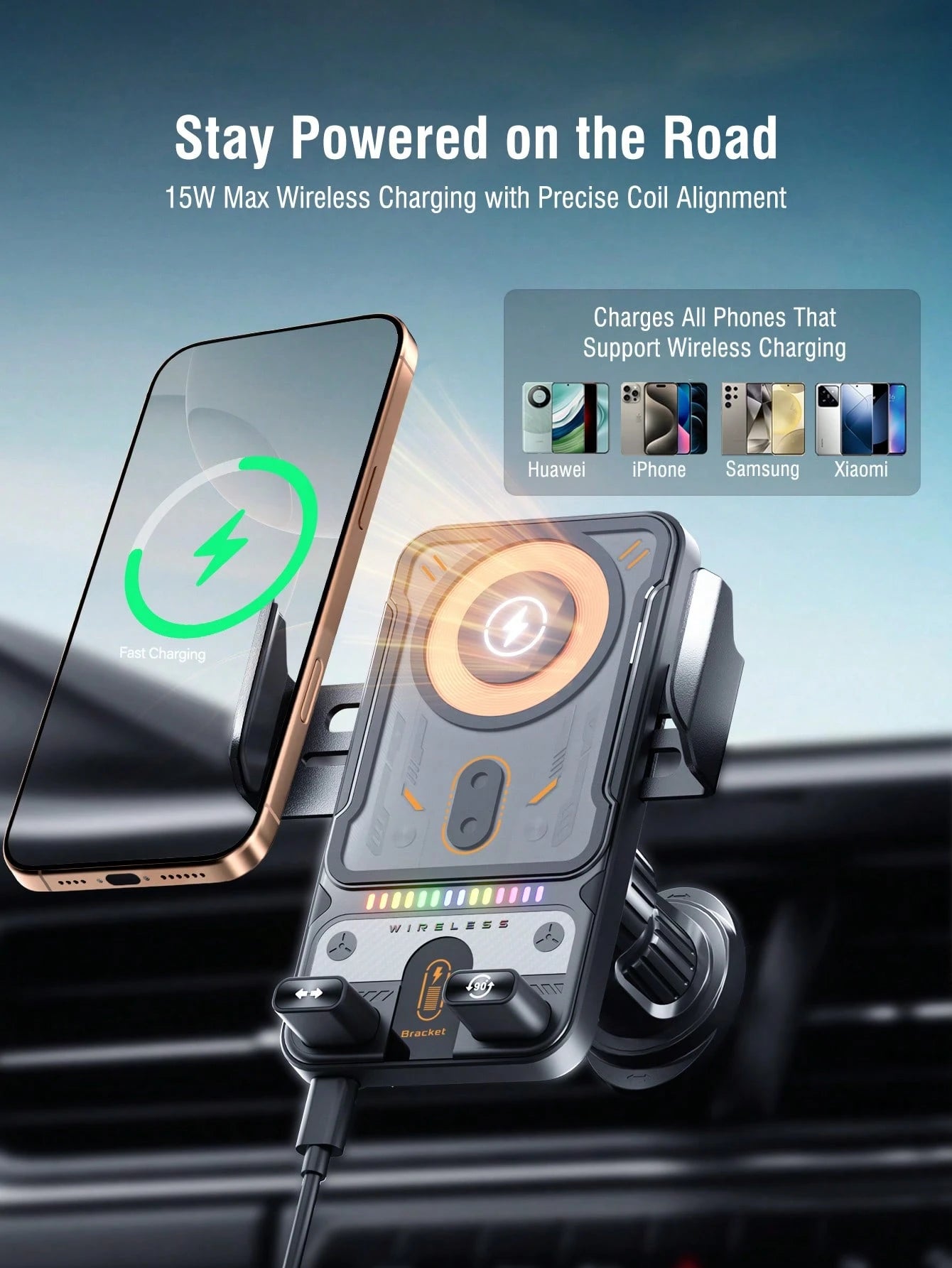 REMAX 15W Wireless Car Charger Phone Mount With Colorful Ambient Light, Infrared Auto-Open & Auto-Clamping, One-Touch 90° Rotation, Stable Vent Hook, Fits 4.0–7.2 In Phones & Cases, Car Accessories, C