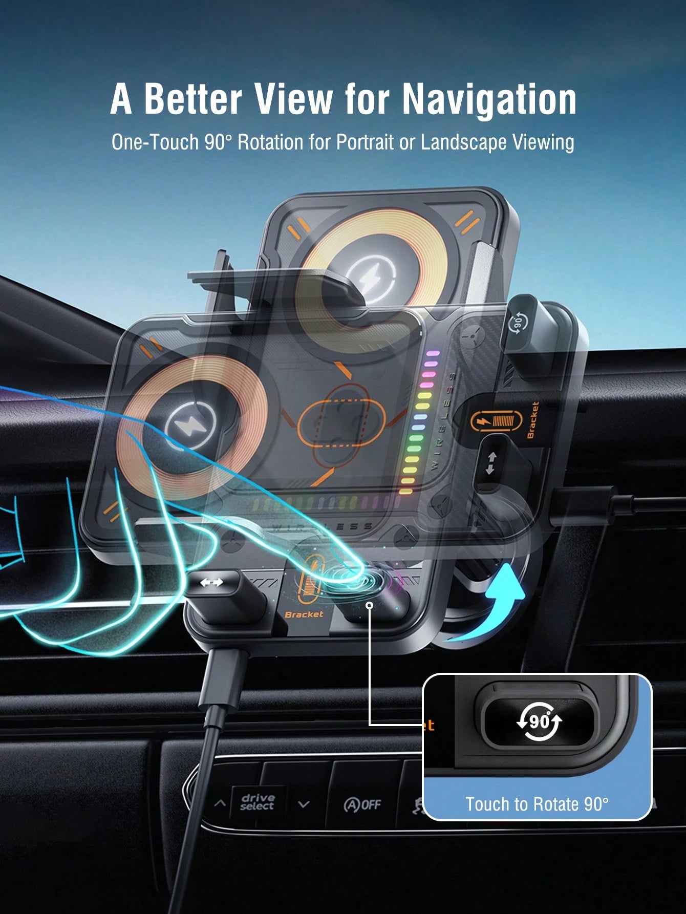 REMAX 15W Wireless Car Charger Phone Mount With Colorful Ambient Light, Infrared Auto-Open & Auto-Clamping, One-Touch 90° Rotation, Stable Vent Hook, Fits 4.0–7.2 In Phones & Cases, Car Accessories, C