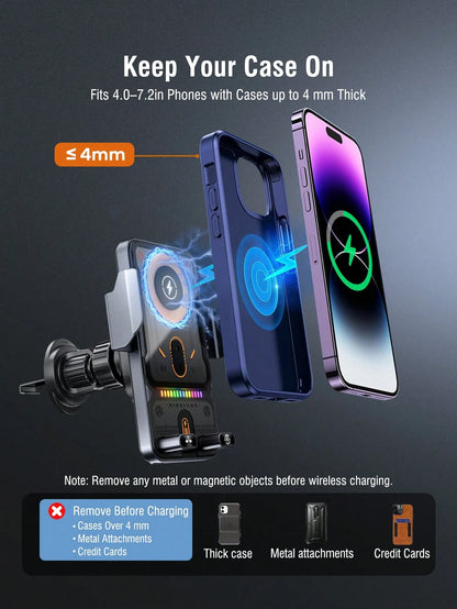 REMAX 15W Wireless Car Charger Phone Mount With Colorful Ambient Light, Infrared Auto-Open & Auto-Clamping, One-Touch 90° Rotation, Stable Vent Hook, Fits 4.0–7.2 In Phones & Cases, Car Accessories, C
