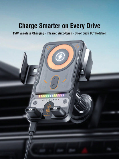 REMAX 15W Wireless Car Charger Phone Mount With Colorful Ambient Light, Infrared Auto-Open & Auto-Clamping, One-Touch 90° Rotation, Stable Vent Hook, Fits 4.0–7.2 In Phones & Cases, Car Accessories, C