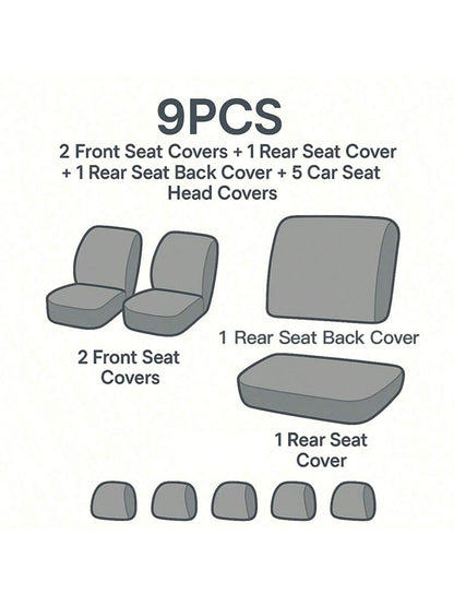 REMAX 9pcs Polyester Fabric Car Seat Covers, Compatible With Airbags, Universal Fit Seat Cushions, Car Accessories, New Design For Women