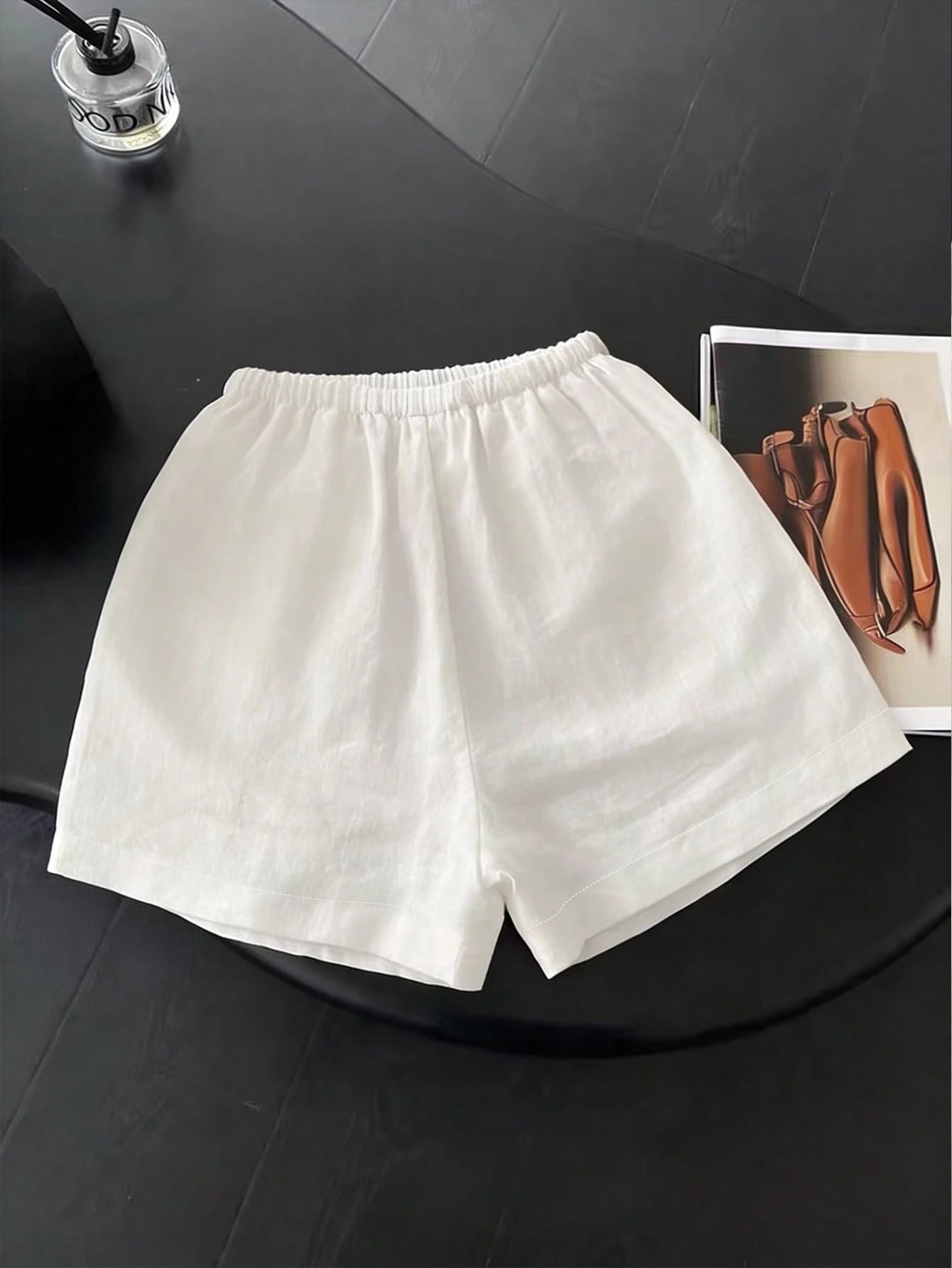 Resyla New Women's Elastic Waist Drawstring Straight Leg Casual White Loose Minimalist 2 Pieces Shorts Set