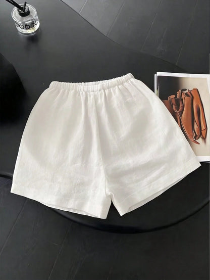 Resyla New Women's Elastic Waist Drawstring Straight Leg Casual White Loose Minimalist 2 Pieces Shorts Set