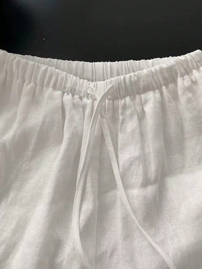 Resyla New Women's Elastic Waist Drawstring Straight Leg Casual White Loose Minimalist 2 Pieces Shorts Set