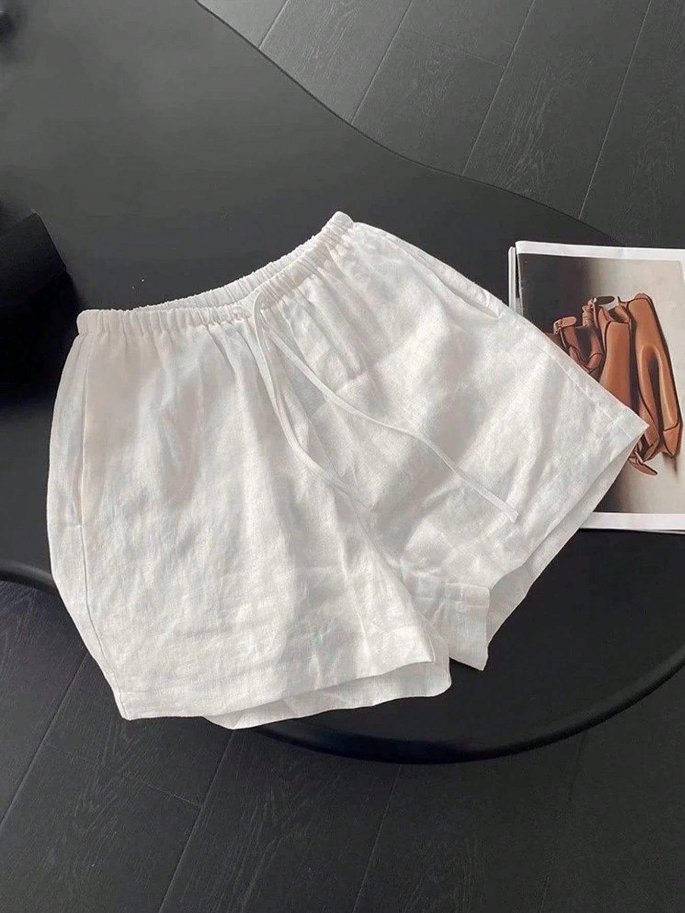 Resyla New Women's Elastic Waist Drawstring Straight Leg Casual White Loose Minimalist 2 Pieces Shorts Set