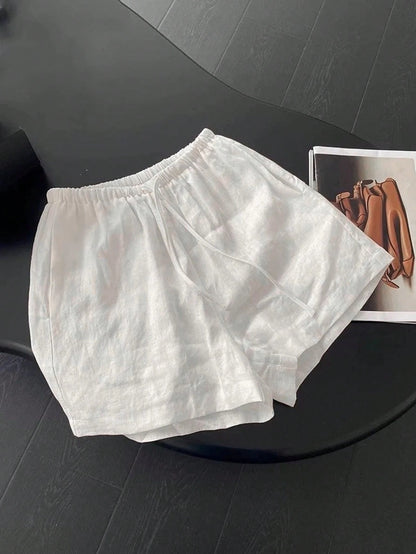 Resyla New Women's Elastic Waist Drawstring Straight Leg Casual White Loose Minimalist 2 Pieces Shorts Set