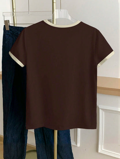 Resyla Women's Color Block Letter Print Short Sleeve Casual Round Neck T-Shirt