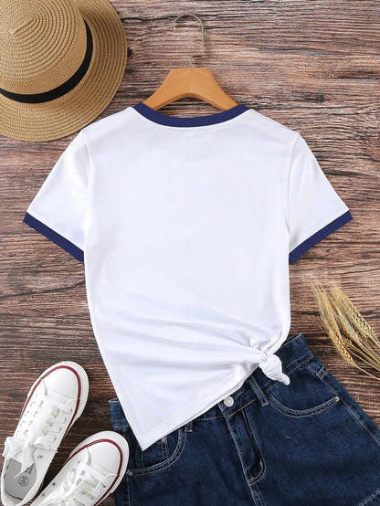 Resyla Women's Color Block Letter Print Short Sleeve Casual Round Neck T-Shirt