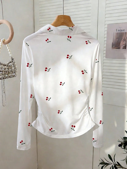Resyla Women's Sweet Red Cherry Print Polo Collar Fitted Waist Long-Sleeve T-Shirt,Red And White Cutesy School Autumn Fashionable Casual Minimalist Top Gift