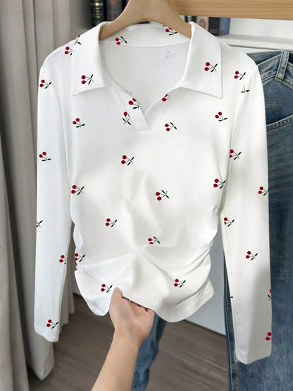 Resyla Women's Sweet Red Cherry Print Polo Collar Fitted Waist Long-Sleeve T-Shirt,Red And White Cutesy School Autumn Fashionable Casual Minimalist Top Gift