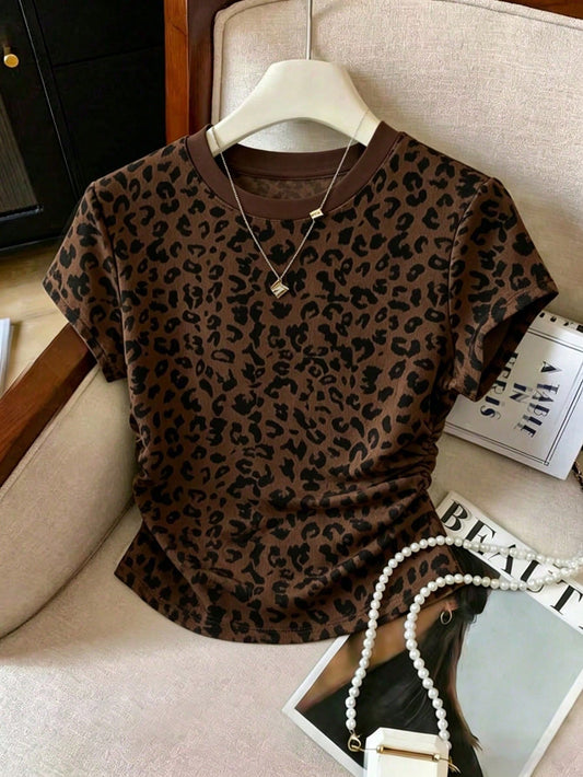 Resyla Women's Top Brown Leopard Print Plus Size T-Shirt Full Body Animal Print Short Sleeve Casual Slim Fit Women's T-Shirt Versatile Fashion Item Summer Daily Wear Essential Ladies' Leopard Print To