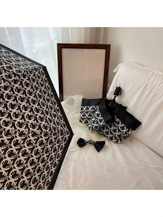 Retro Houndstooth Plaid Manual Folding Umbrella, French Style Sun & Rain Dual-Use Umbrella, Spring Summer Picks, Brides Maid Gifts, Room, Bedroom Decor, Bedroom Decor, Beach, Travel, For Men, For Wome
