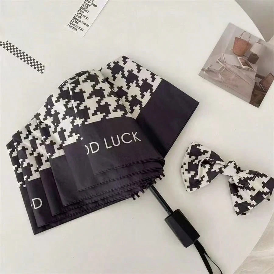 Retro Houndstooth Plaid Manual Folding Umbrella, French Style Sun & Rain Dual-Use Umbrella, Spring Summer Picks, Brides Maid Gifts, Room, Bedroom Decor, Bedroom Decor, Beach, Travel, For Men, For Wome