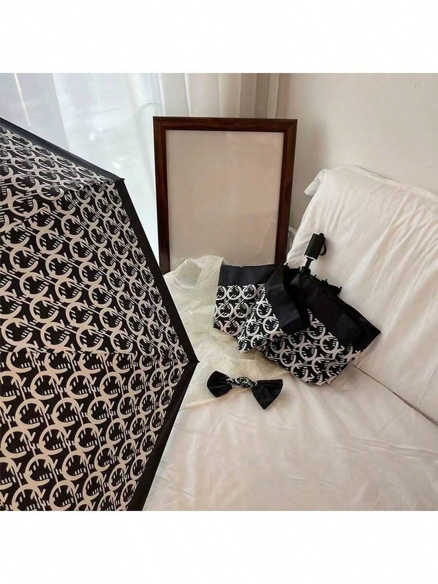 Retro Houndstooth Plaid Manual Folding Umbrella, French Style Sun & Rain Dual-Use Umbrella, Spring Summer Picks, Brides Maid Gifts, Room, Bedroom Decor, Bedroom Decor, Beach, Travel, For Men, For Wome