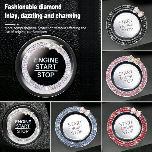 Rhinestone Bow Car One-Touch Start Button Decorative Ring, Studded Ignition Switch Decorative Sticker, Luxury Car Interior Modification Accessory, Girly Full Rhinestone Start Button Decorative Ring, U