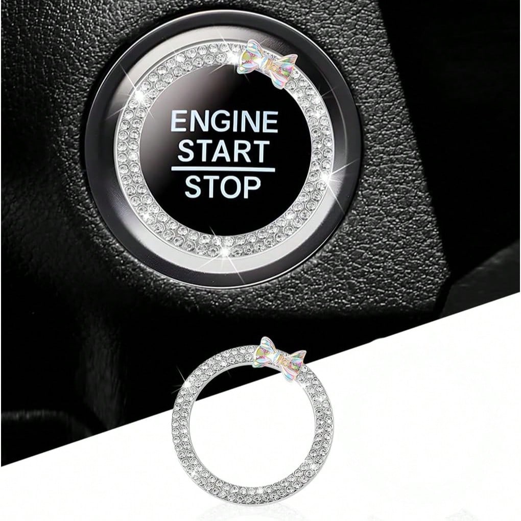 Rhinestone Bow Car One-Touch Start Button Decorative Ring, Studded Ignition Switch Decorative Sticker, Luxury Car Interior Modification Accessory, Girly Full Rhinestone Start Button Decorative Ring, U