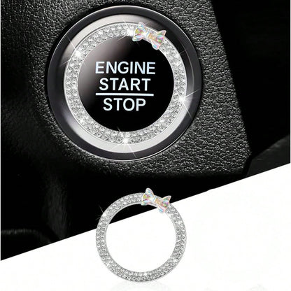 Rhinestone Bow Car One-Touch Start Button Decorative Ring, Studded Ignition Switch Decorative Sticker, Luxury Car Interior Modification Accessory, Girly Full Rhinestone Start Button Decorative Ring, U