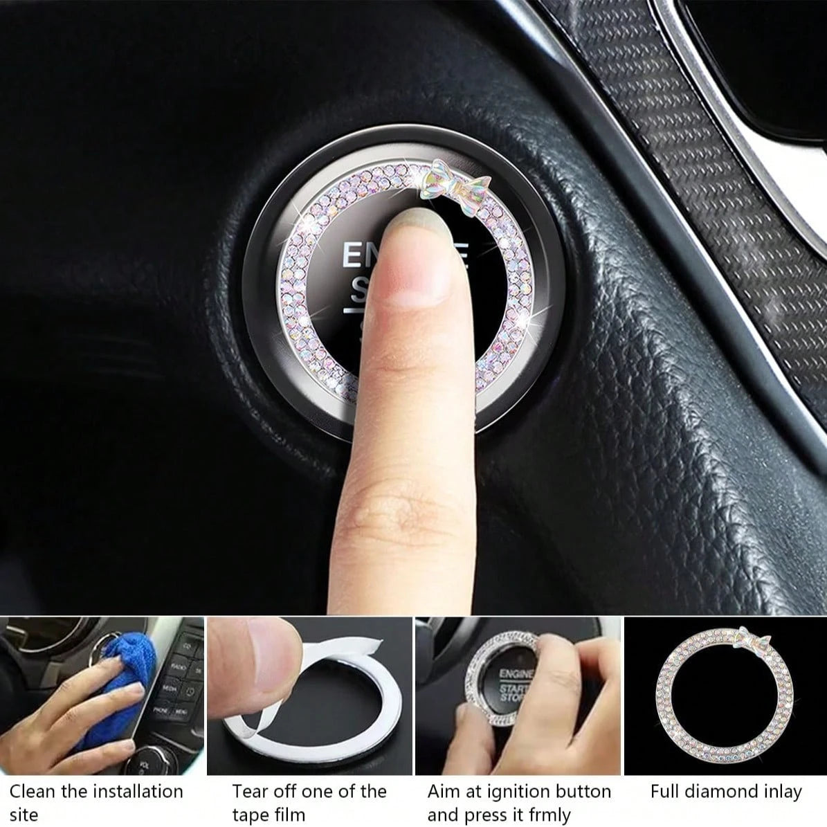 Rhinestone Bow Car One-Touch Start Button Decorative Ring, Studded Ignition Switch Decorative Sticker, Luxury Car Interior Modification Accessory, Girly Full Rhinestone Start Button Decorative Ring, U