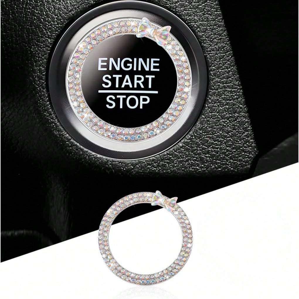 Rhinestone Bow Car One-Touch Start Button Decorative Ring, Studded Ignition Switch Decorative Sticker, Luxury Car Interior Modification Accessory, Girly Full Rhinestone Start Button Decorative Ring, U