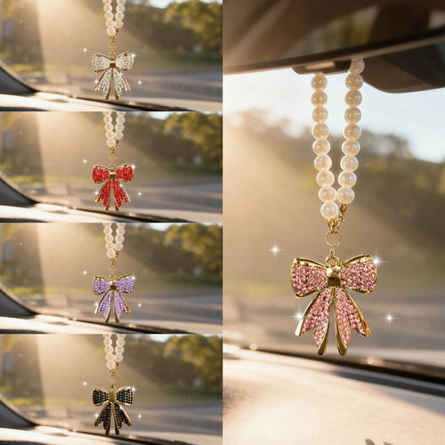 Rhinestone Bow Tie Car Pendant, Rearview Mirror Decor, Alloy Pearl Hanging Ornament, Cute Windmill Interior Accessory
