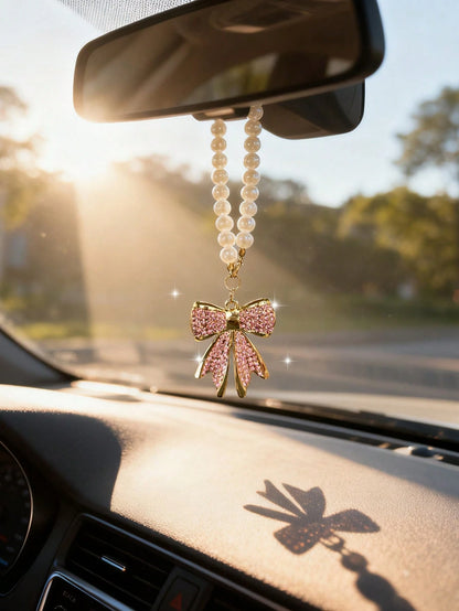 Rhinestone Bow Tie Car Pendant, Rearview Mirror Decor, Alloy Pearl Hanging Ornament, Cute Windmill Interior Accessory