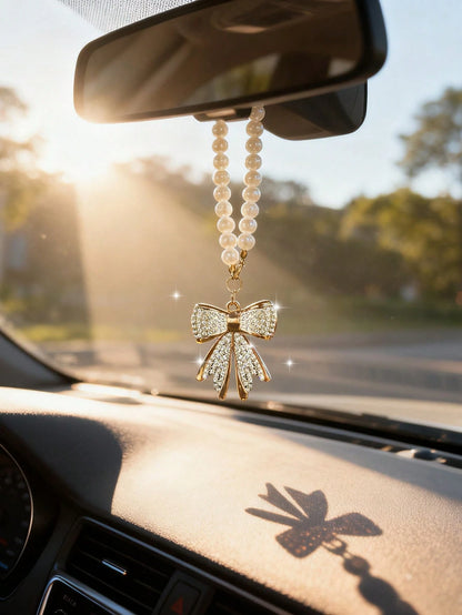 Rhinestone Bow Tie Car Pendant, Rearview Mirror Decor, Alloy Pearl Hanging Ornament, Cute Windmill Interior Accessory