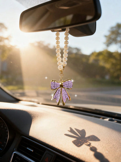 Rhinestone Bow Tie Car Pendant, Rearview Mirror Decor, Alloy Pearl Hanging Ornament, Cute Windmill Interior Accessory