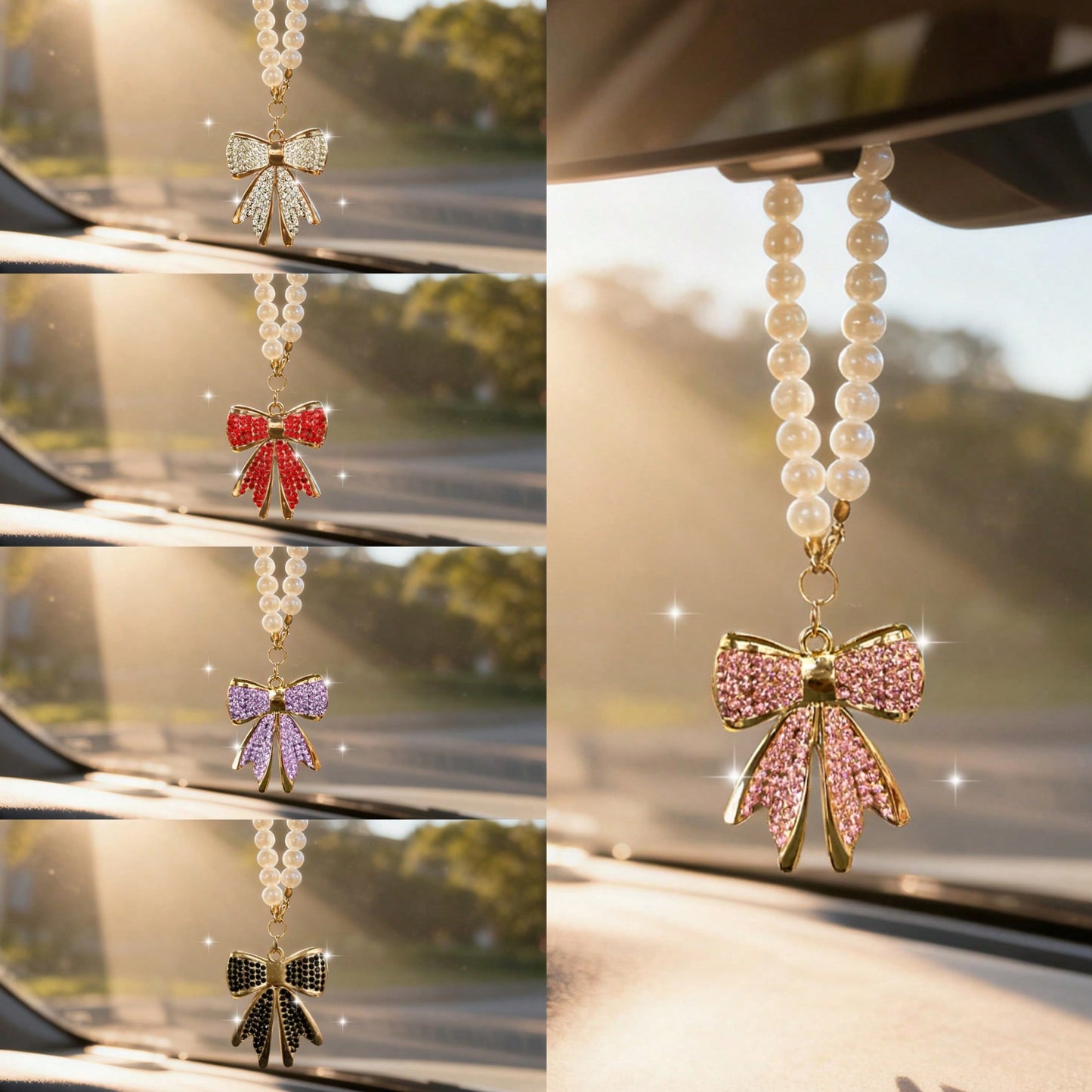 Rhinestone Bow Tie Car Pendant, Rearview Mirror Decor, Alloy Pearl Hanging Ornament, Cute Windmill Interior Accessory