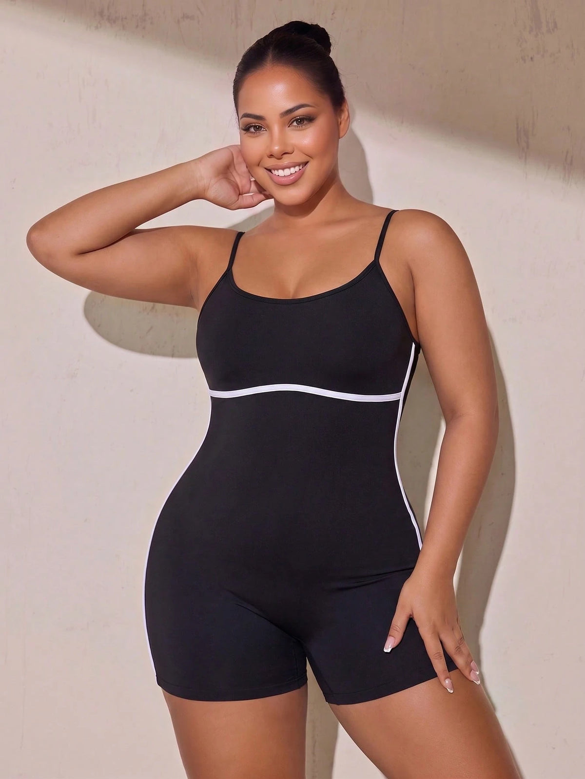 Rhythm Era Women's Plus Size Criss-Cross Back Design Spaghetti Strap Athletic Romper Shorts