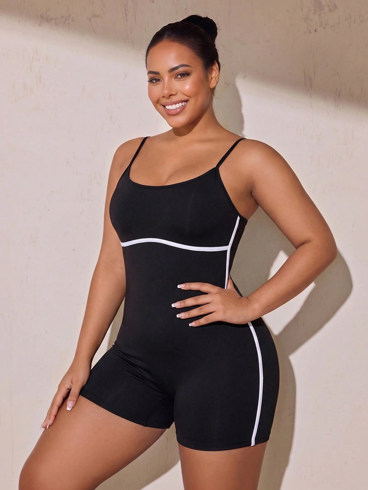 Rhythm Era Women's Plus Size Criss-Cross Back Design Spaghetti Strap Athletic Romper Shorts