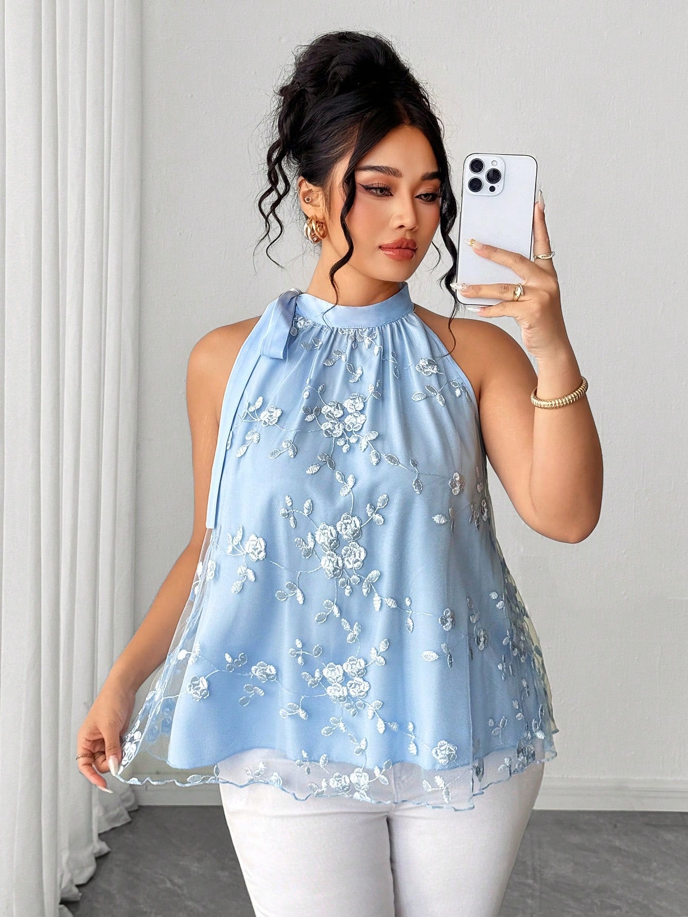 Rometta Plus Size Light Blue Floral Embroidered Halter Top, Elegant Party Blouse With Bow Collar And Mesh Hem, Sleeveless Shirt, Plus Size Light Blue Halter Bow Top, Floral Embroidered Mesh Patchwork