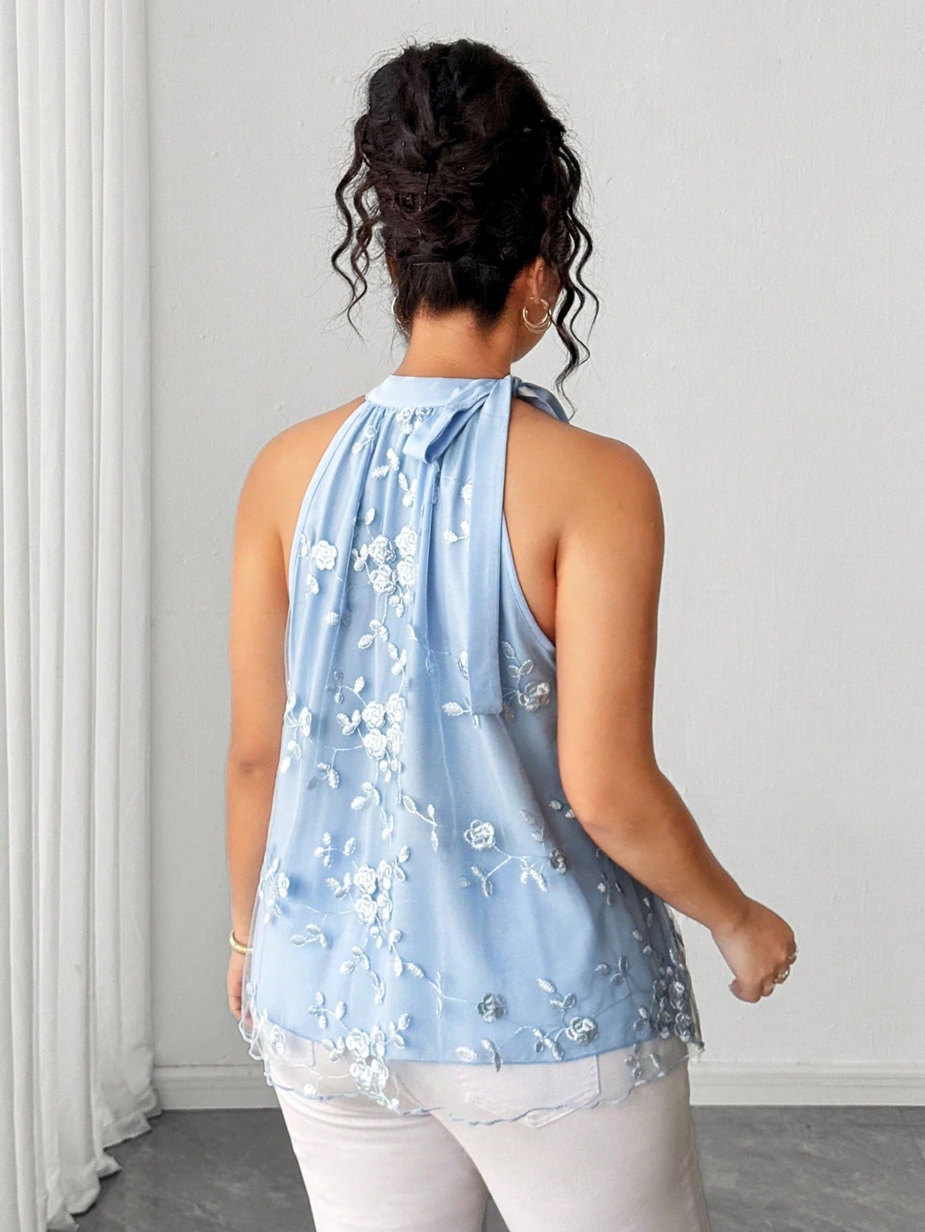 Rometta Plus Size Light Blue Floral Embroidered Halter Top, Elegant Party Blouse With Bow Collar And Mesh Hem, Sleeveless Shirt, Plus Size Light Blue Halter Bow Top, Floral Embroidered Mesh Patchwork