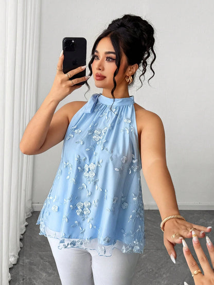 Rometta Plus Size Light Blue Floral Embroidered Halter Top, Elegant Party Blouse With Bow Collar And Mesh Hem, Sleeveless Shirt, Plus Size Light Blue Halter Bow Top, Floral Embroidered Mesh Patchwork