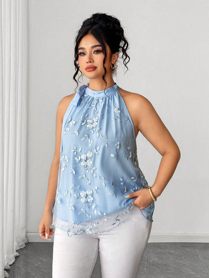Rometta Plus Size Light Blue Floral Embroidered Halter Top, Elegant Party Blouse With Bow Collar And Mesh Hem, Sleeveless Shirt, Plus Size Light Blue Halter Bow Top, Floral Embroidered Mesh Patchwork