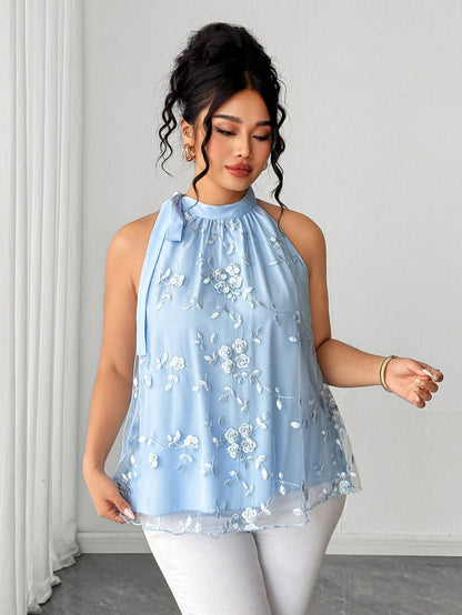 Rometta Plus Size Light Blue Floral Embroidered Halter Top, Elegant Party Blouse With Bow Collar And Mesh Hem, Sleeveless Shirt, Plus Size Light Blue Halter Bow Top, Floral Embroidered Mesh Patchwork