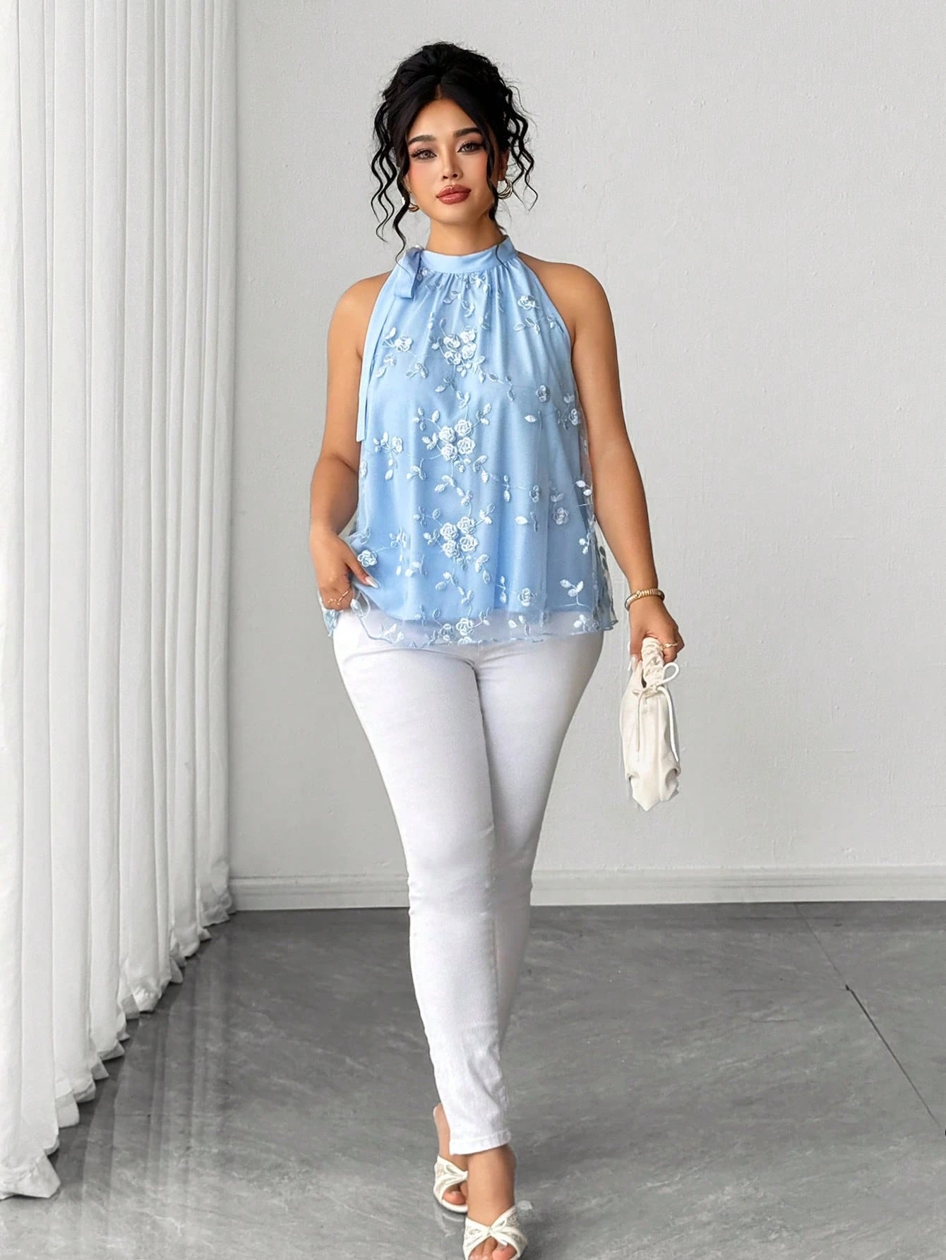 Rometta Plus Size Light Blue Floral Embroidered Halter Top, Elegant Party Blouse With Bow Collar And Mesh Hem, Sleeveless Shirt, Plus Size Light Blue Halter Bow Top, Floral Embroidered Mesh Patchwork