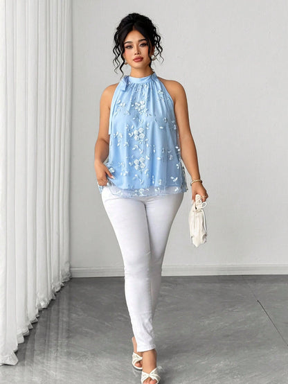Rometta Plus Size Light Blue Floral Embroidered Halter Top, Elegant Party Blouse With Bow Collar And Mesh Hem, Sleeveless Shirt, Plus Size Light Blue Halter Bow Top, Floral Embroidered Mesh Patchwork