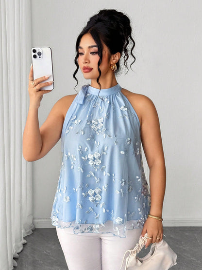 Rometta Plus Size Light Blue Floral Embroidered Halter Top, Elegant Party Blouse With Bow Collar And Mesh Hem, Sleeveless Shirt, Plus Size Light Blue Halter Bow Top, Floral Embroidered Mesh Patchwork