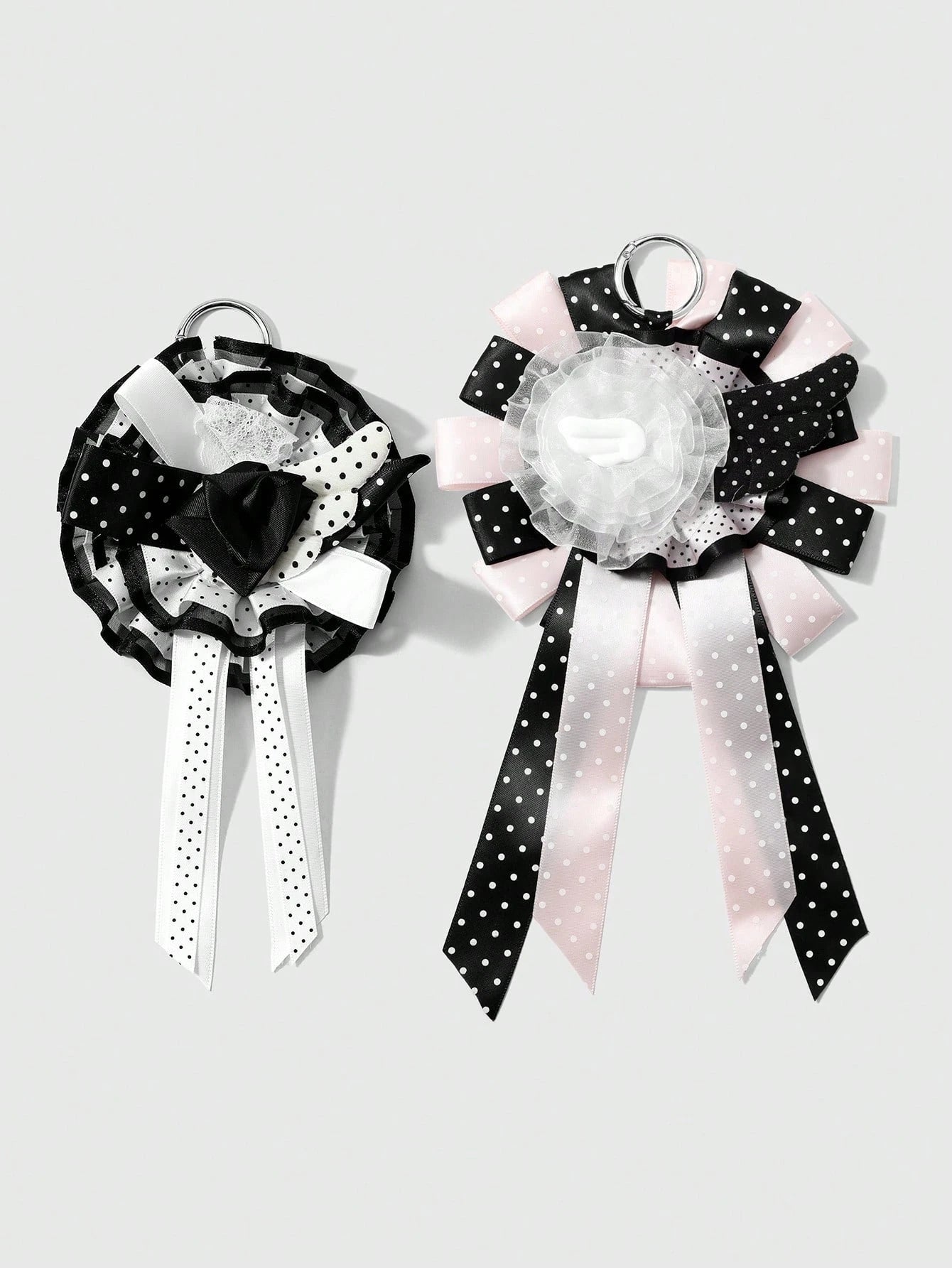 ROMWE Anime 1 Sweet Academy Black Pink Polka Dot Wings Mesh Lace Ribbon Handmade Complex Rose Corsage DIY Keychain Bag Pendant, Ladies Wear Holiday Gift