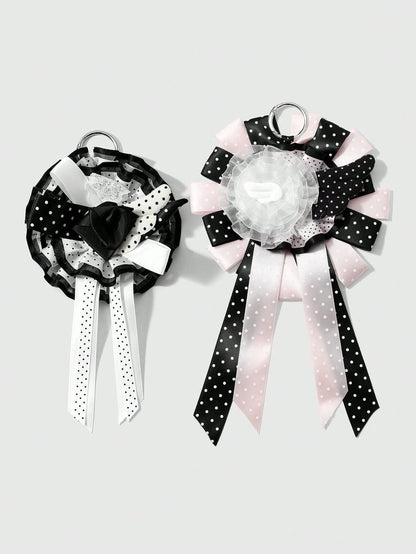 ROMWE Anime 1 Sweet Academy Black Pink Polka Dot Wings Mesh Lace Ribbon Handmade Complex Rose Corsage DIY Keychain Bag Pendant, Ladies Wear Holiday Gift
