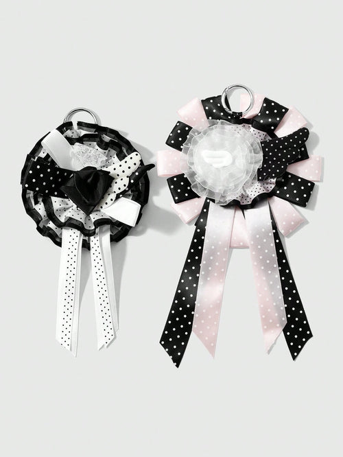 ROMWE Anime 1 Sweet Academy Black Pink Polka Dot Wings Mesh Lace Ribbon Handmade Complex Rose Corsage DIY Keychain Bag Pendant, Ladies Wear Holiday Gift