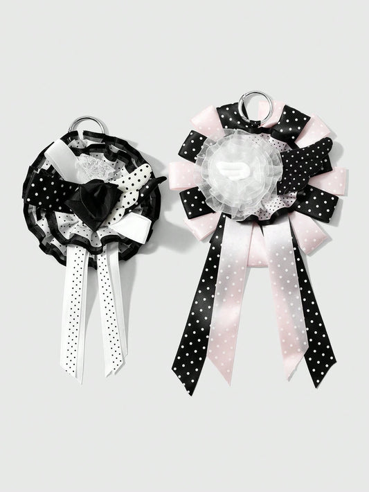 ROMWE Anime 1 Sweet Academy Black Pink Polka Dot Wings Mesh Lace Ribbon Handmade Complex Rose Corsage DIY Keychain Bag Pendant, Ladies Wear Holiday Gift