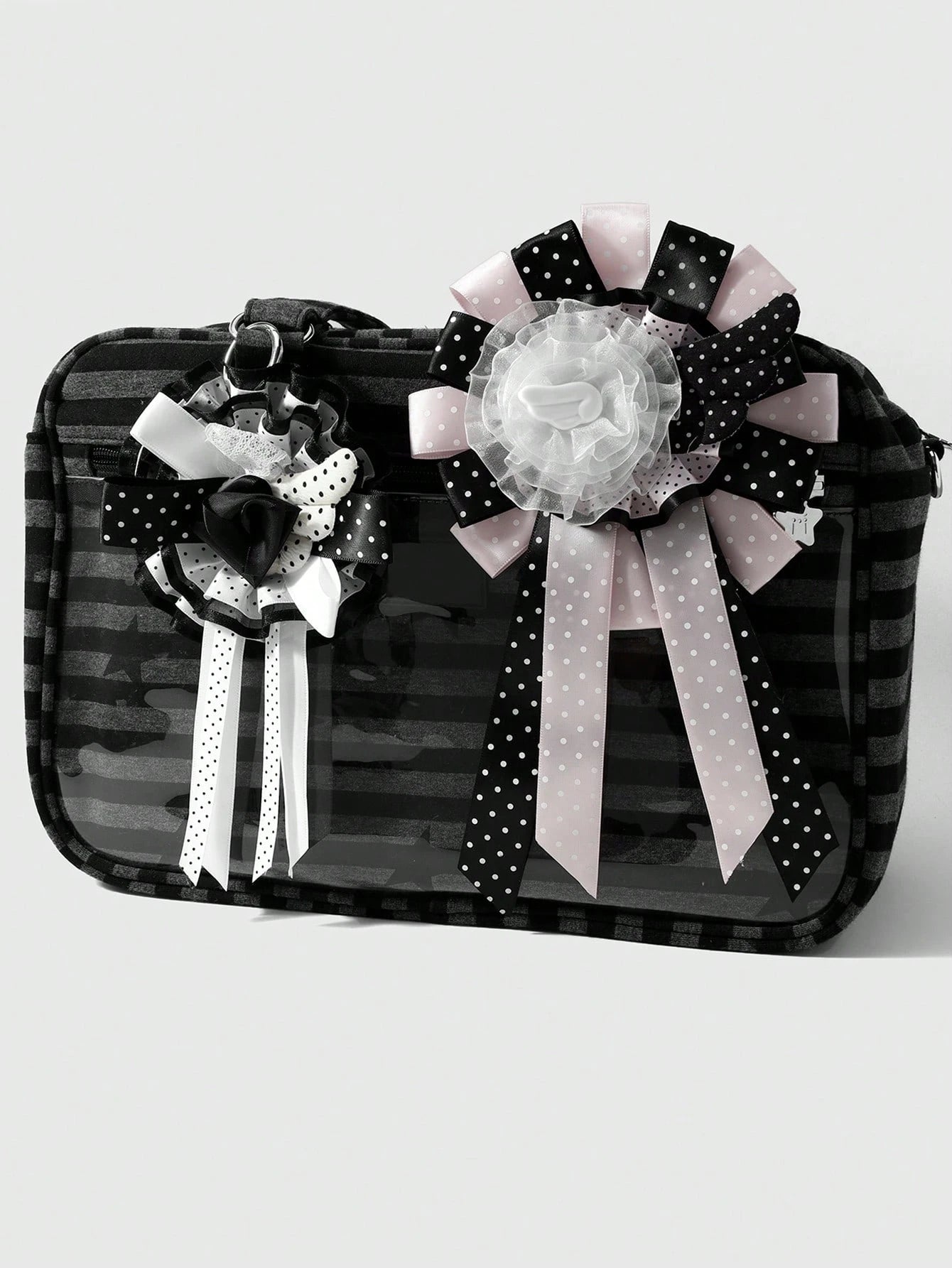 ROMWE Anime 1 Sweet Academy Black Pink Polka Dot Wings Mesh Lace Ribbon Handmade Complex Rose Corsage DIY Keychain Bag Pendant, Ladies Wear Holiday Gift