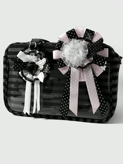 ROMWE Anime 1 Sweet Academy Black Pink Polka Dot Wings Mesh Lace Ribbon Handmade Complex Rose Corsage DIY Keychain Bag Pendant, Ladies Wear Holiday Gift