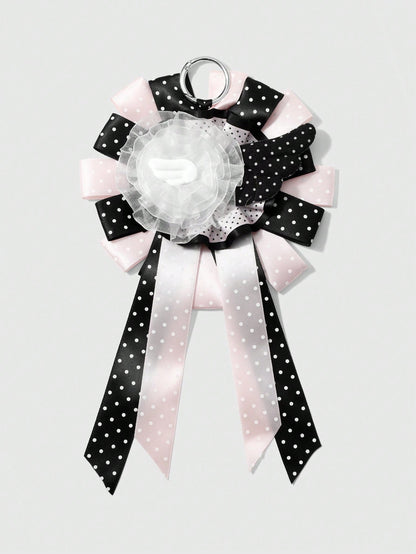 ROMWE Anime 1 Sweet Academy Black Pink Polka Dot Wings Mesh Lace Ribbon Handmade Complex Rose Corsage DIY Keychain Bag Pendant, Ladies Wear Holiday Gift